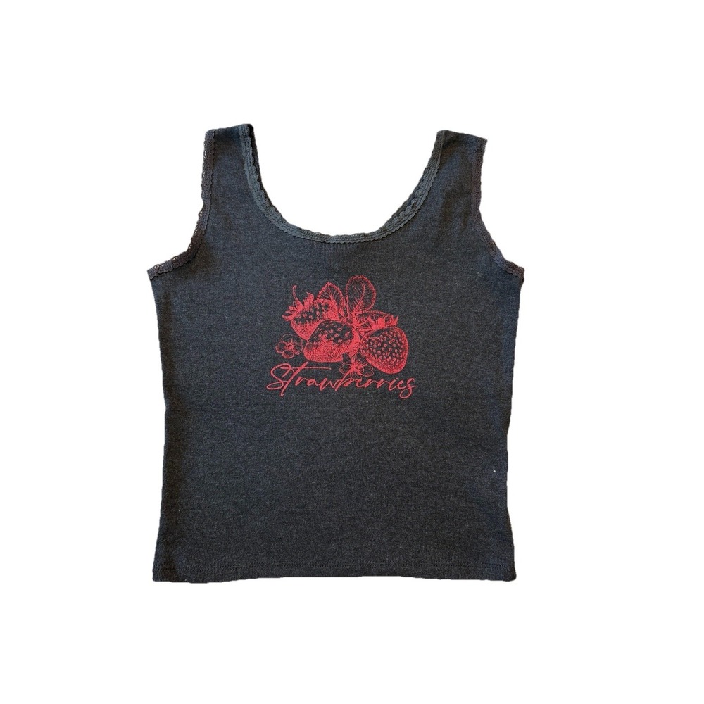 Y2K Babydoll Cami Strawberry Print Top Women Large Black Flirty Streetwear Indie